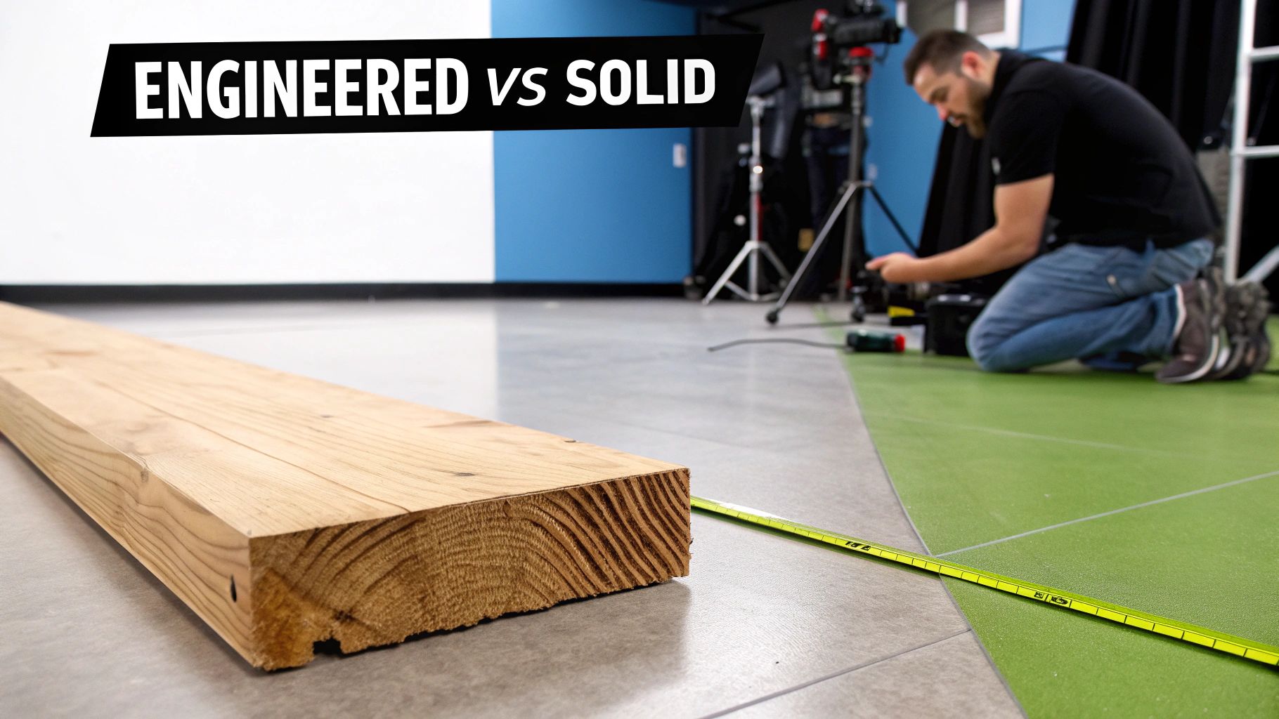 A large solid wood beam lies on a grey floor next to a yellow measuring tape.