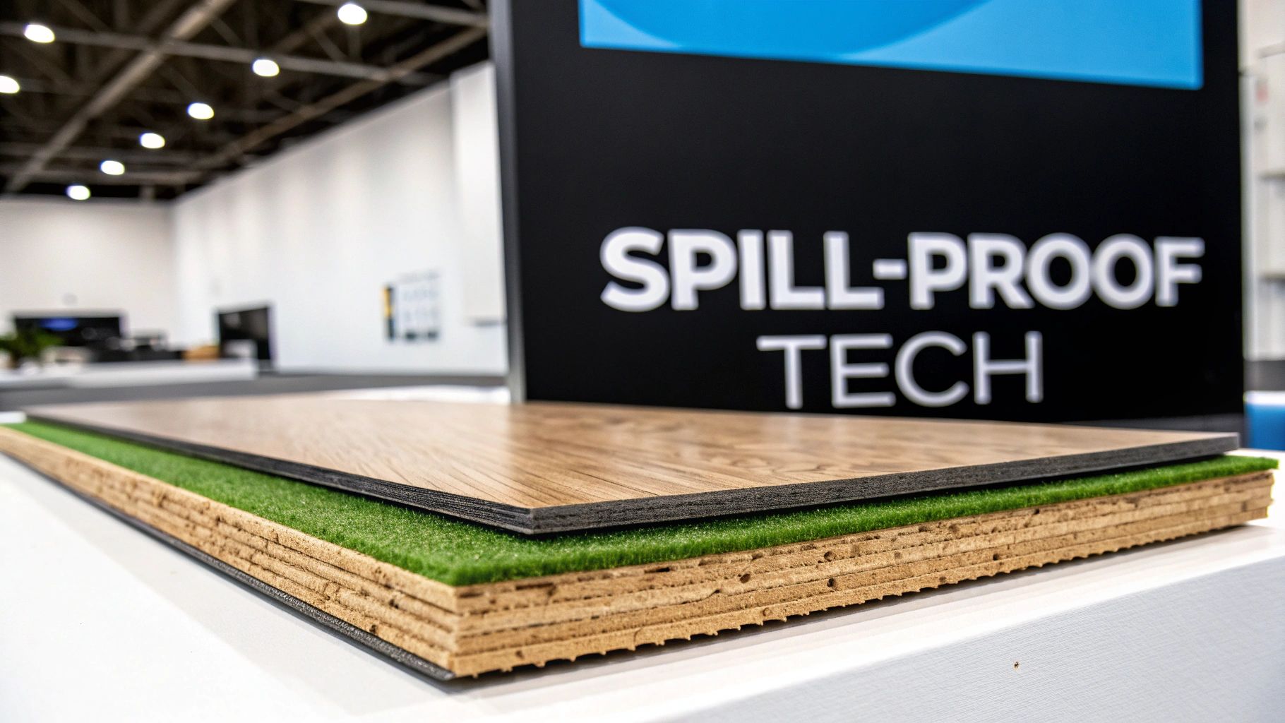 Cross-section of spill-proof laminate flooring shows its layered construction with wood-grain and green underlayment.