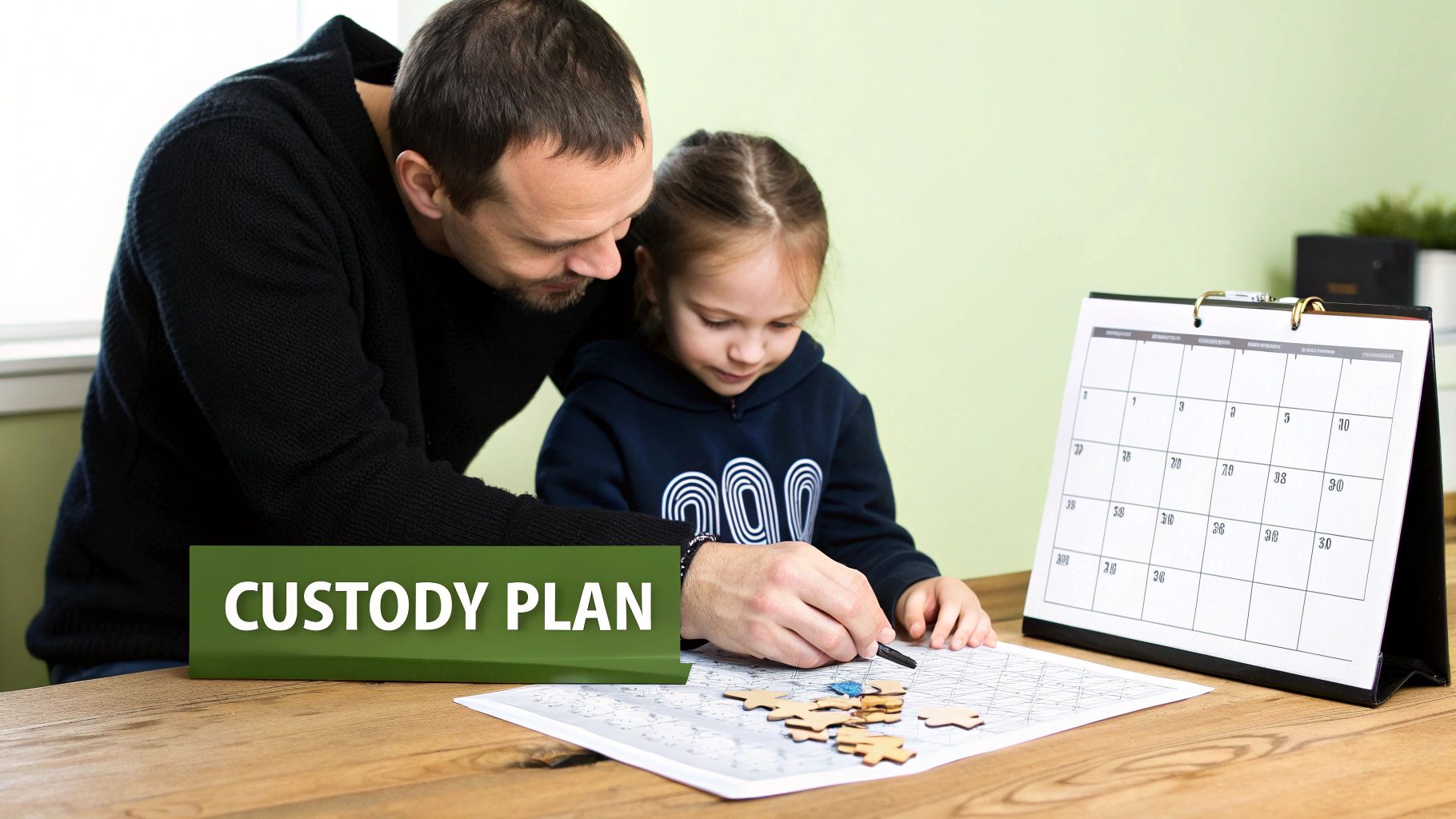 A father and daughter review a custody plan document and calendar on a wooden table.