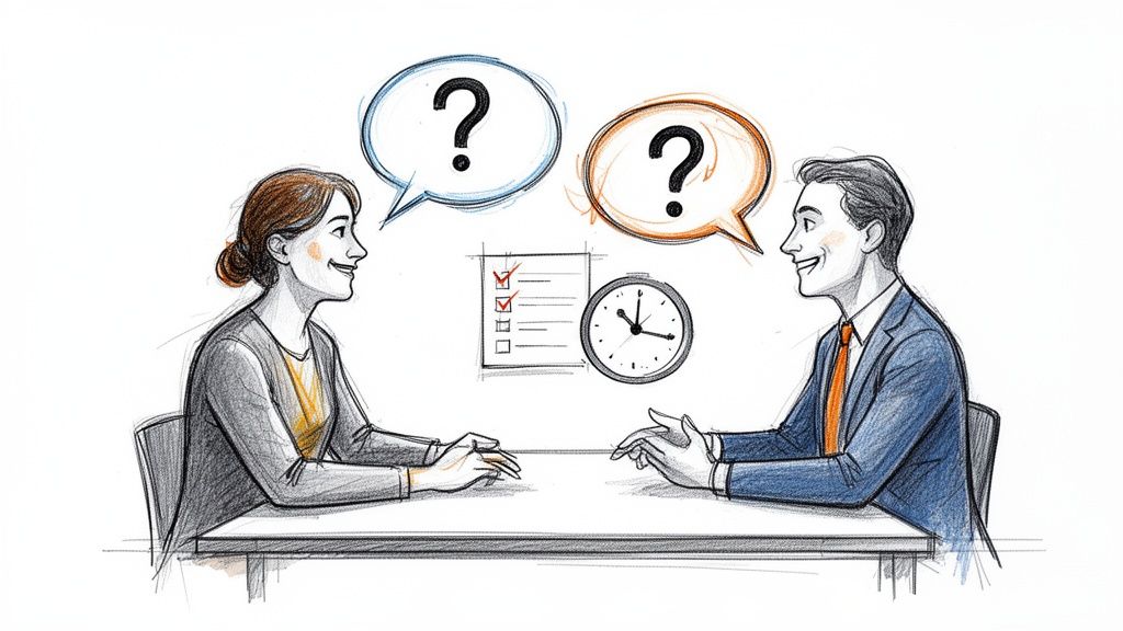 Illustration of two professionals asking questions during an interview or meeting, with a checklist and clock.