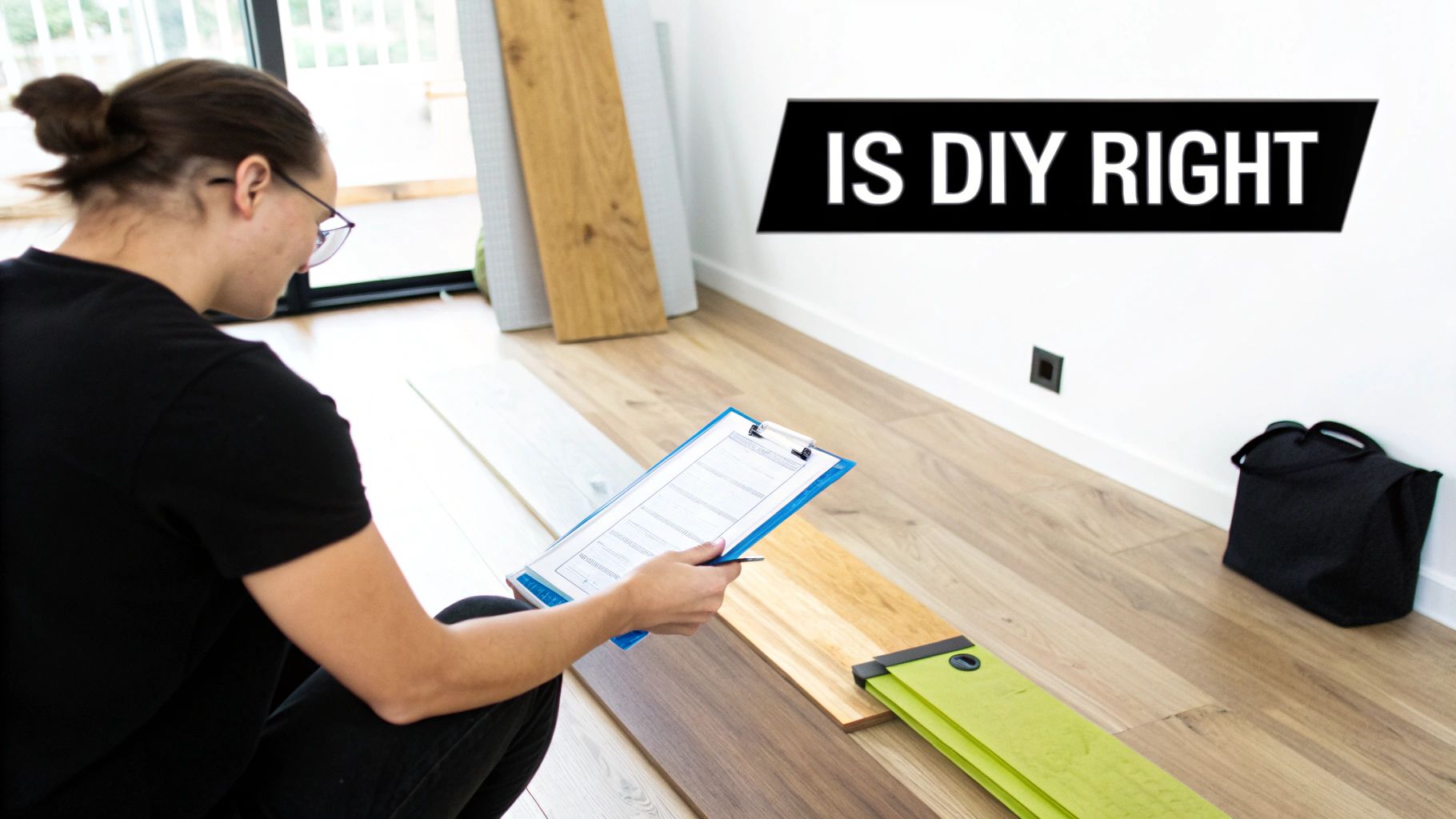 Person with glasses reviews plans for DIY hardwood flooring, surrounded by various wood samples.