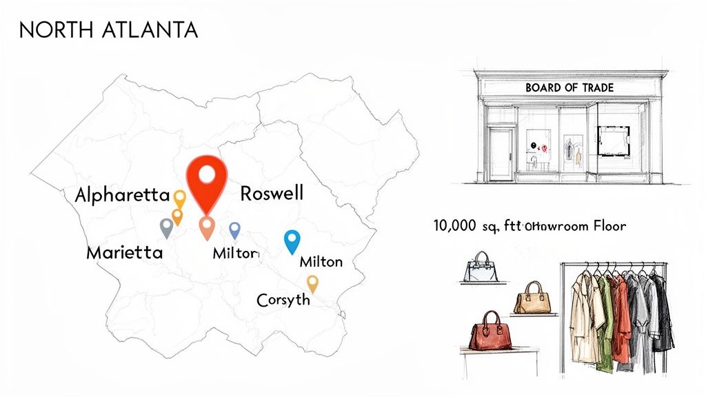 Illustration of North Atlanta map with a Board of Trade storefront and fashion items.