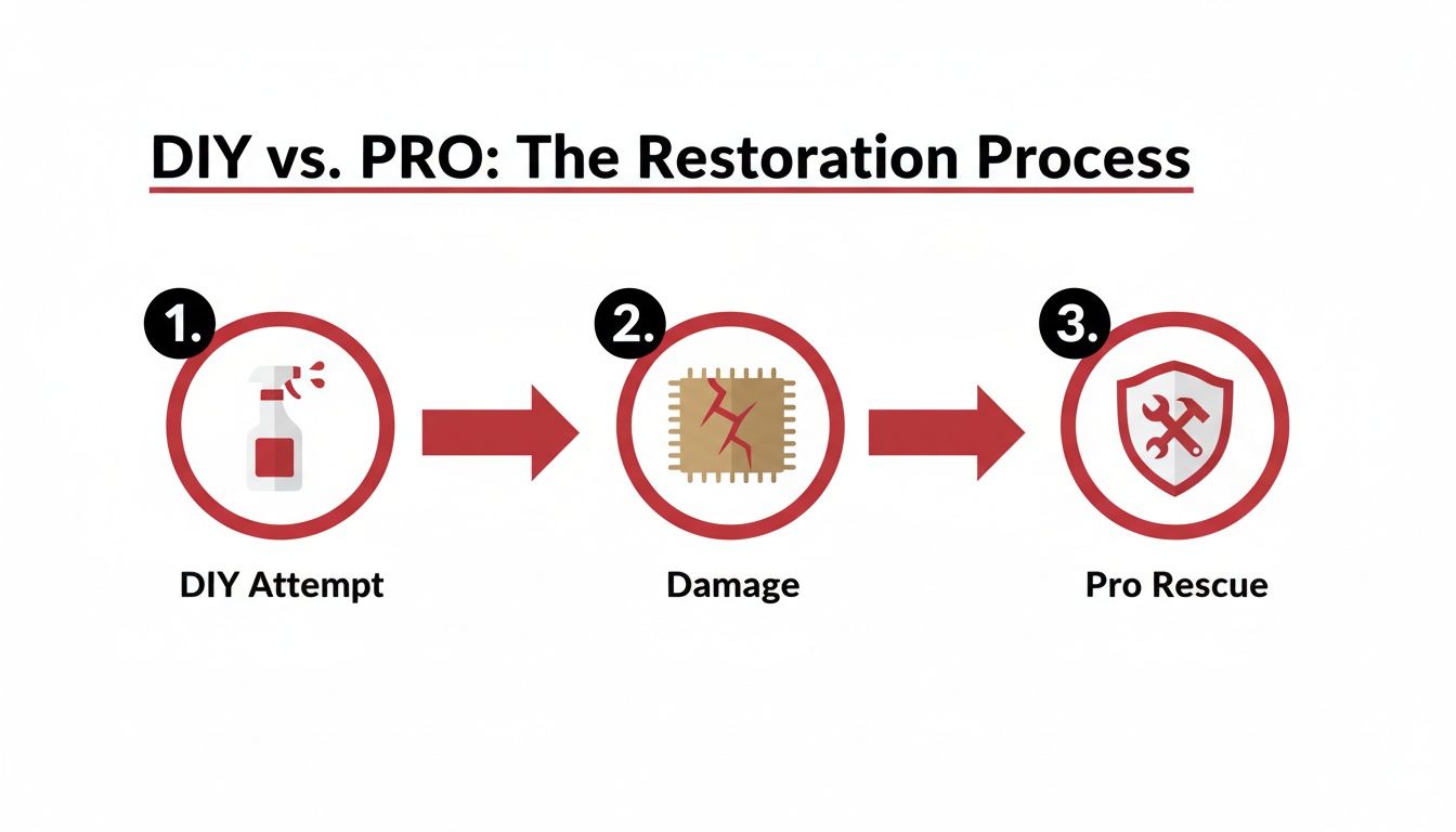 Infographic illustrating a DIY cleaning attempt leading to damage, followed by professional restoration service.
