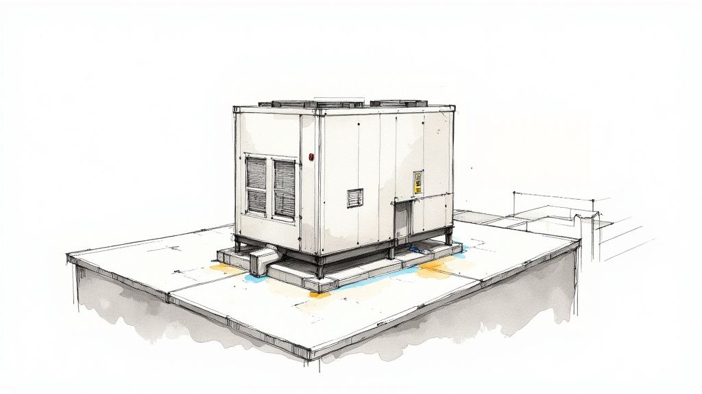 A large commercial rooftop packaged unit (RTU) on a flat roof with clear blue sky in the background