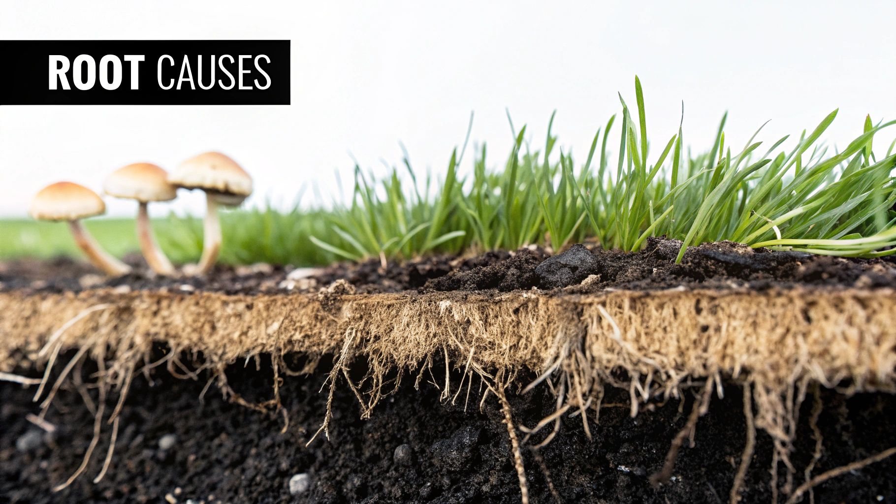 Close-up of a soil cross-section revealing grass roots, green blades, and three mushrooms with 'ROOT CAUSES' text.