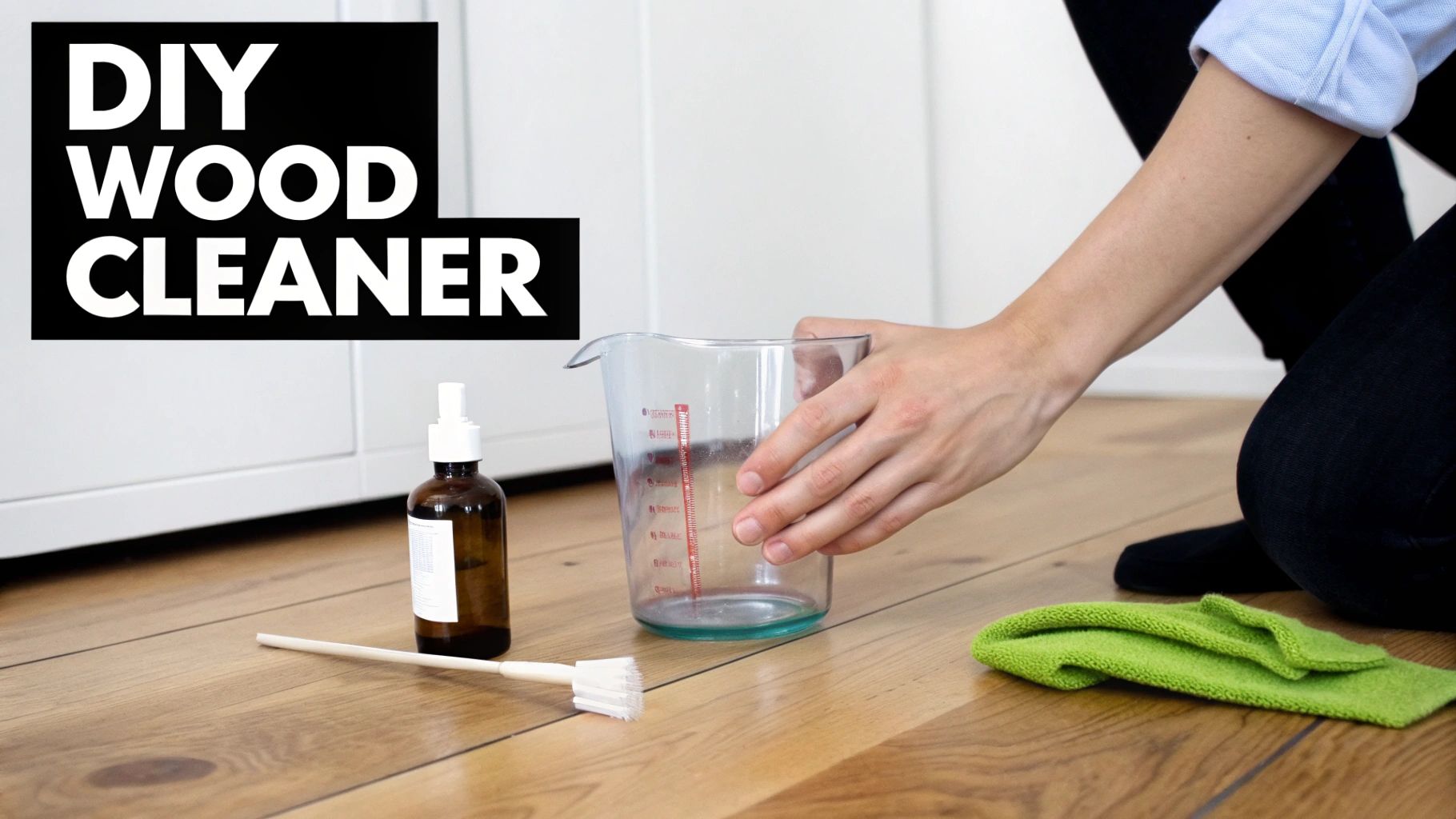 A person prepares a DIY wood cleaner with a measuring cup, spray bottle, and cloth on a wooden floor.