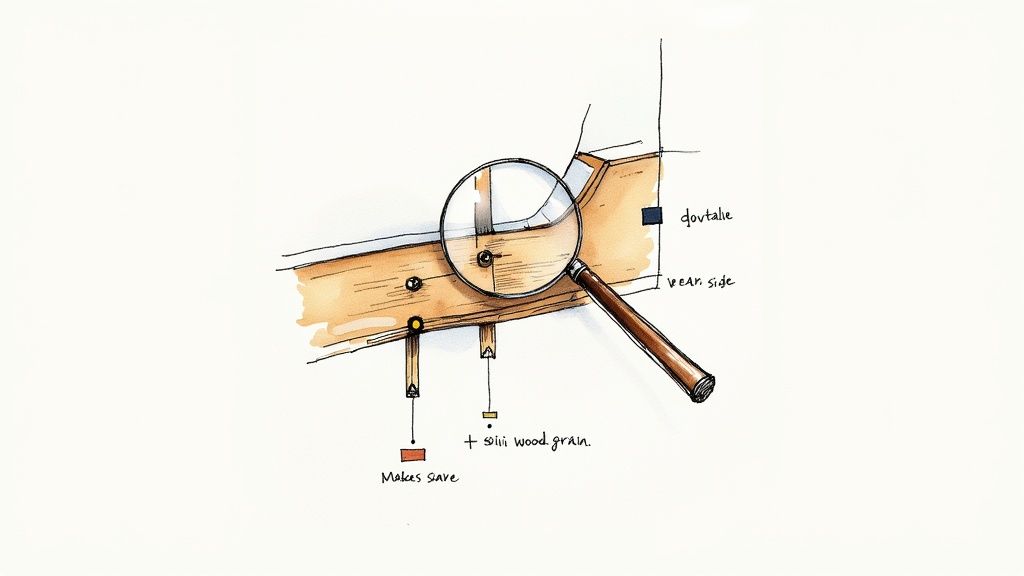 Detailed technical drawing of wooden beam joints with a magnifying glass highlighting a crucial connection point.