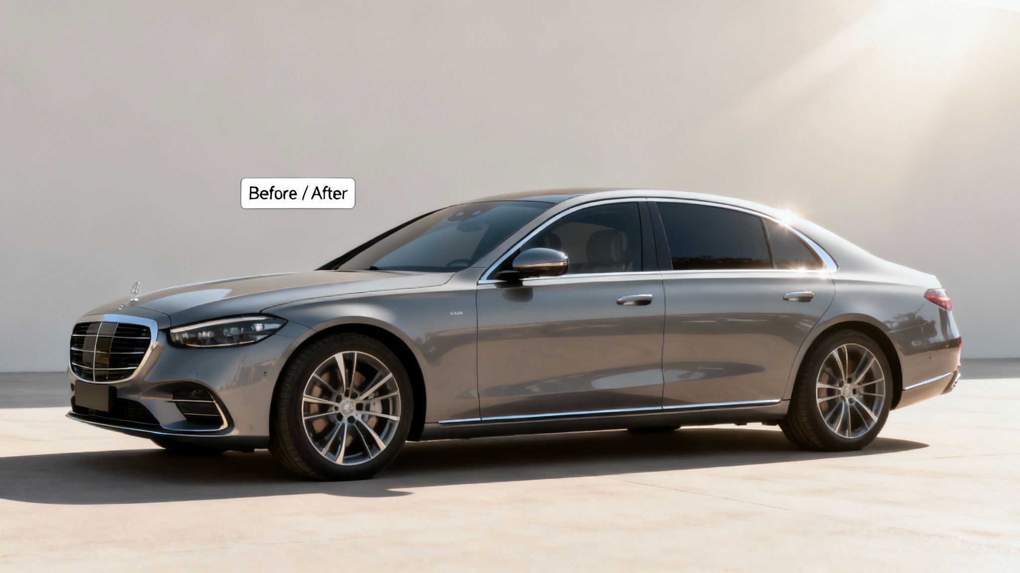 A sleek grey Mercedes-Benz S-Class luxury sedan with newly tinted windows, parked outdoors.