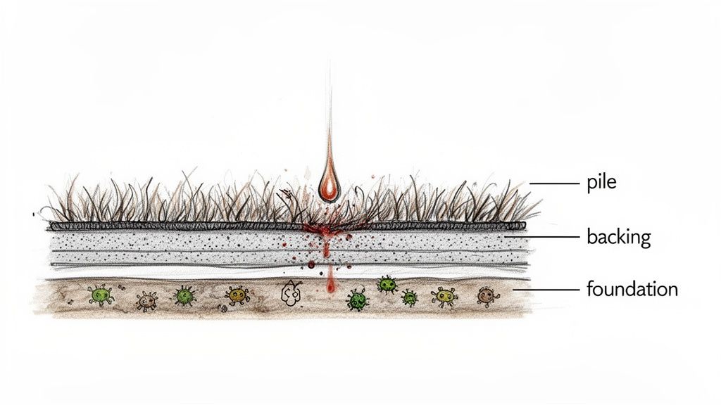 Illustration of liquid staining artificial turf layers, reaching microorganisms in the foundation.