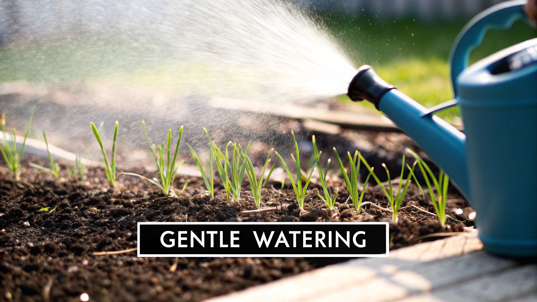 A blue watering can gently sprays water on newly sprouted green plants in rich, dark soil.