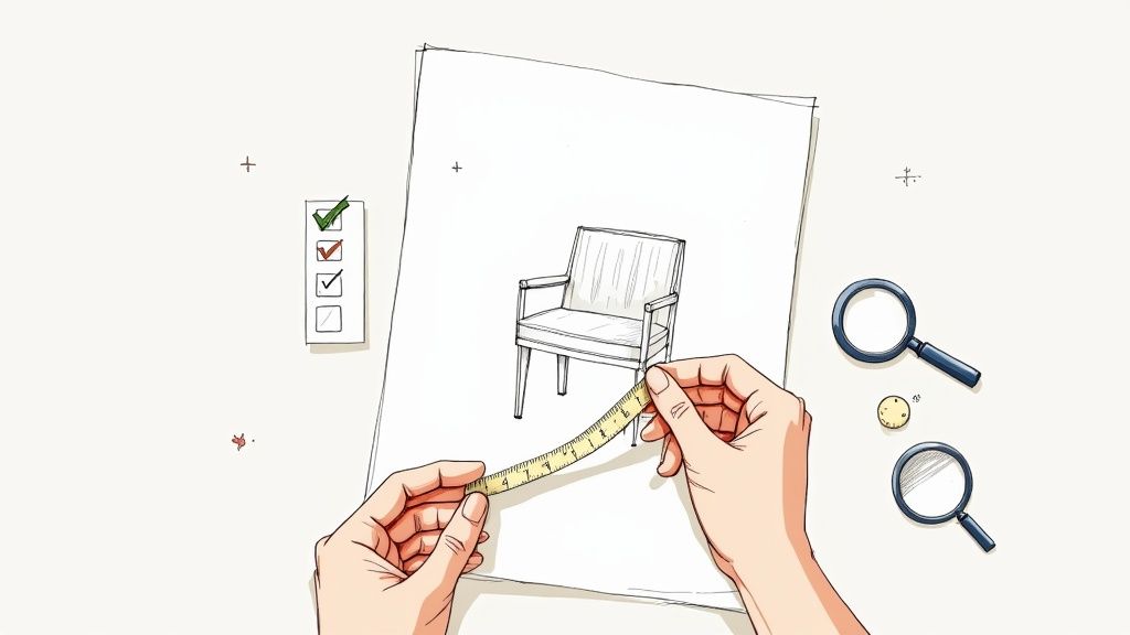 Hands measure a drawn chair on paper with a tape, alongside a checklist and magnifying glasses.