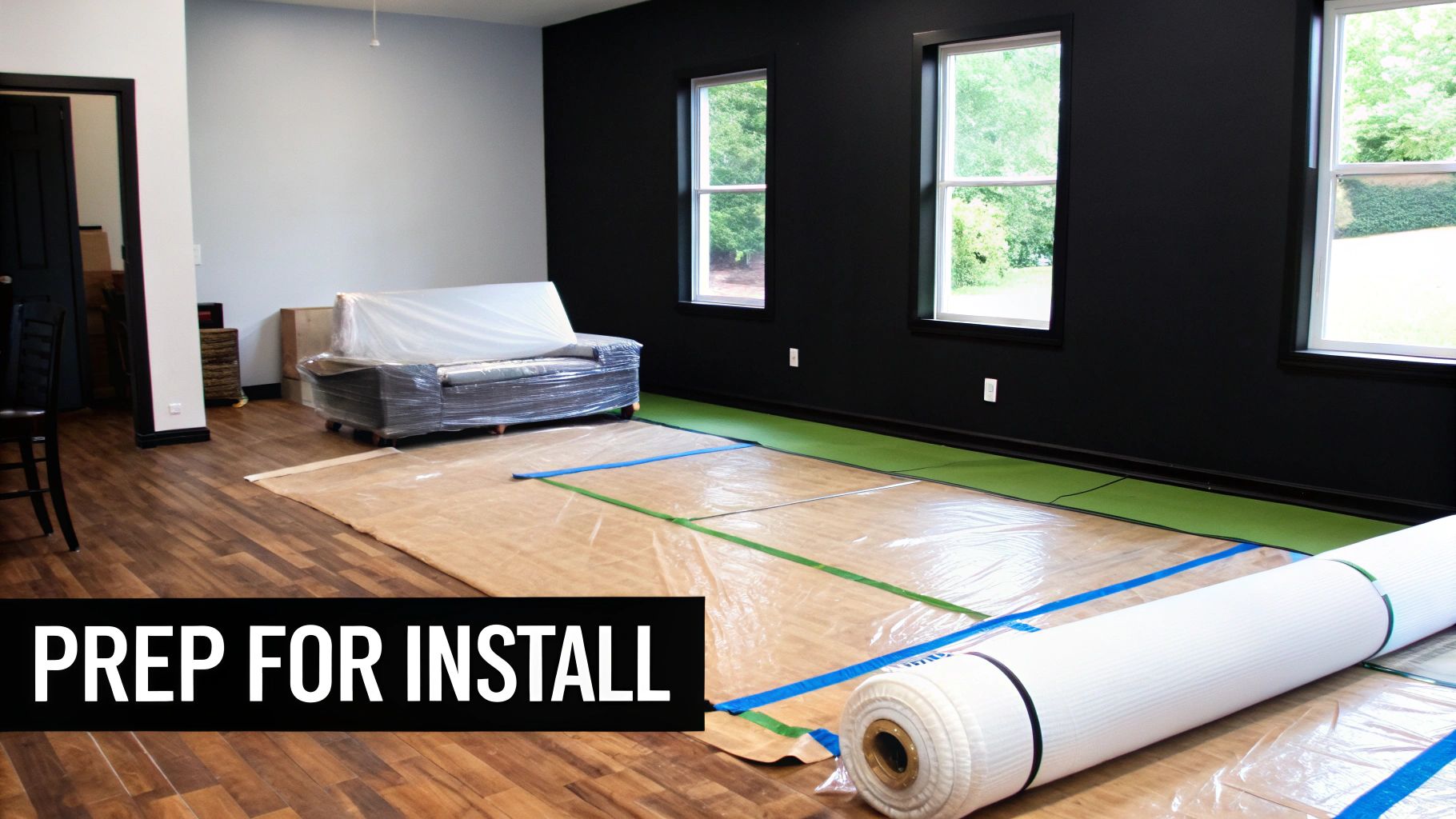 A room cleared of furniture with protective plastic sheeting on the doorways, ready for flooring installation.