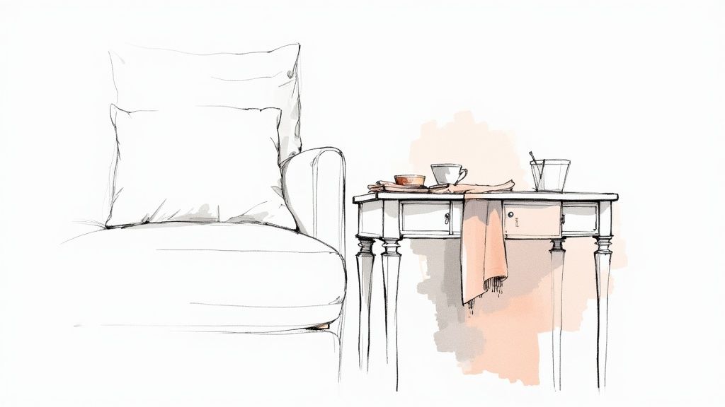A minimalist sketch of a white armchair and a small table with a cup and glass.