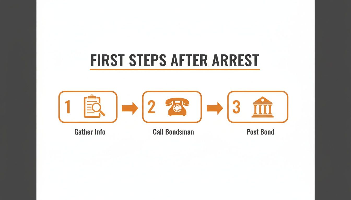 Infographic details three first steps after an arrest: gathering info, calling a bondsman, and posting bond.