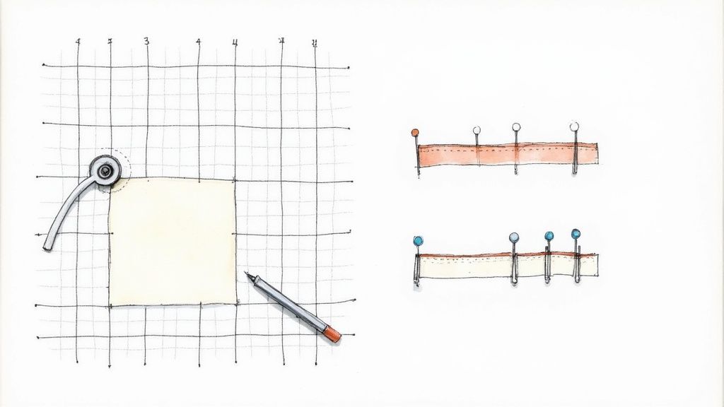 Illustration of sewing techniques: a fabric square on a grid with a tracing wheel and pencil, plus pinned fabric samples.