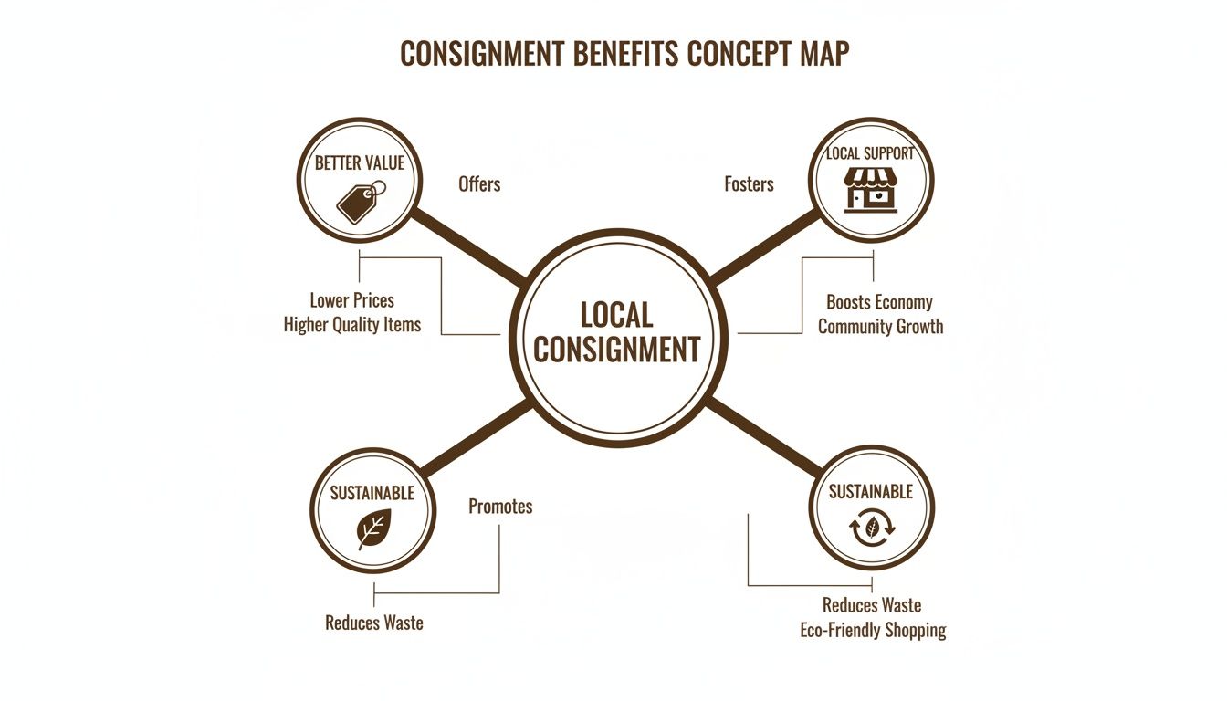 Concept map illustrating local consignment benefits: better value, local support, and environmental sustainability through waste reduction.
