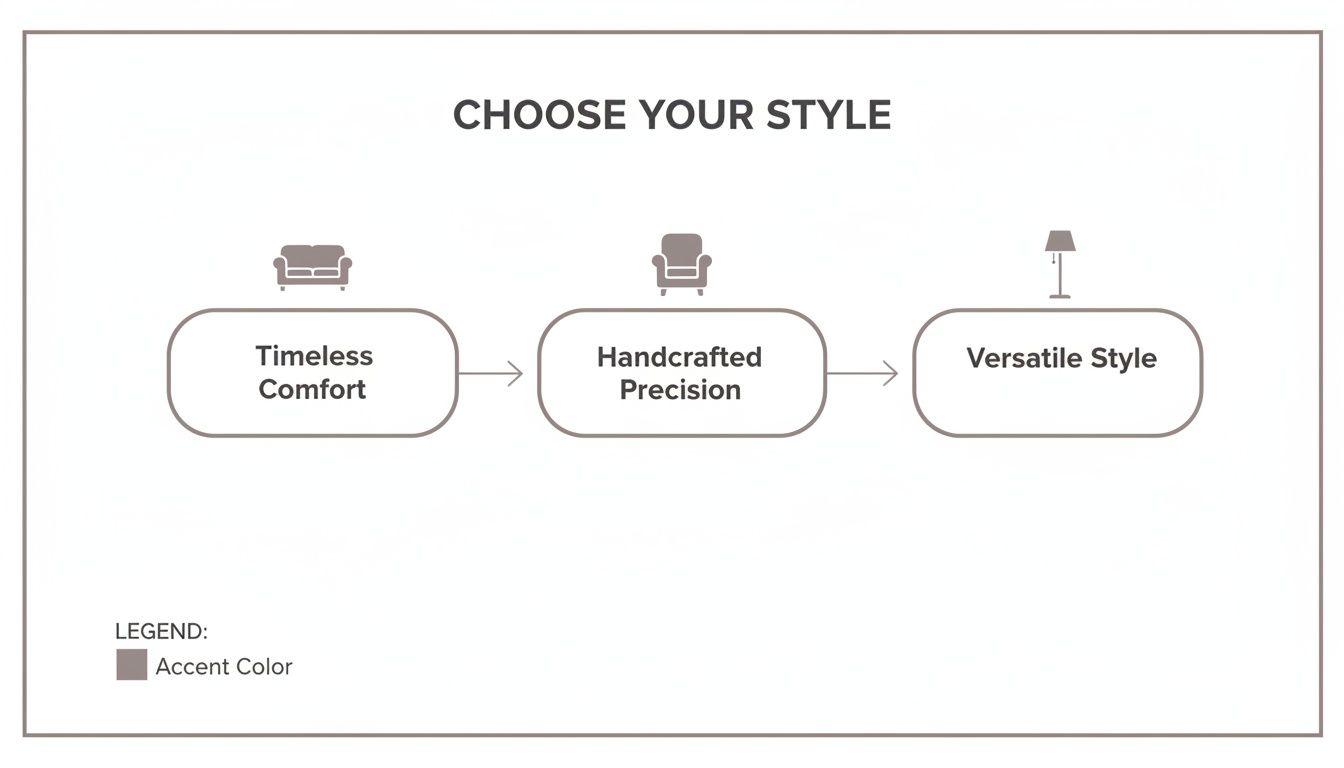 A flowchart titled 'Choose Your Style' illustrating Timeless Comfort, Handcrafted Precision, and Versatile Style options.