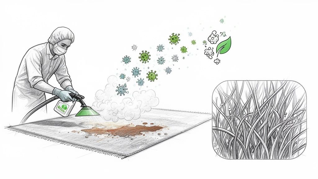 Person in protective gear steam cleaning a dirty rug, removing viruses with an eco-friendly solution.