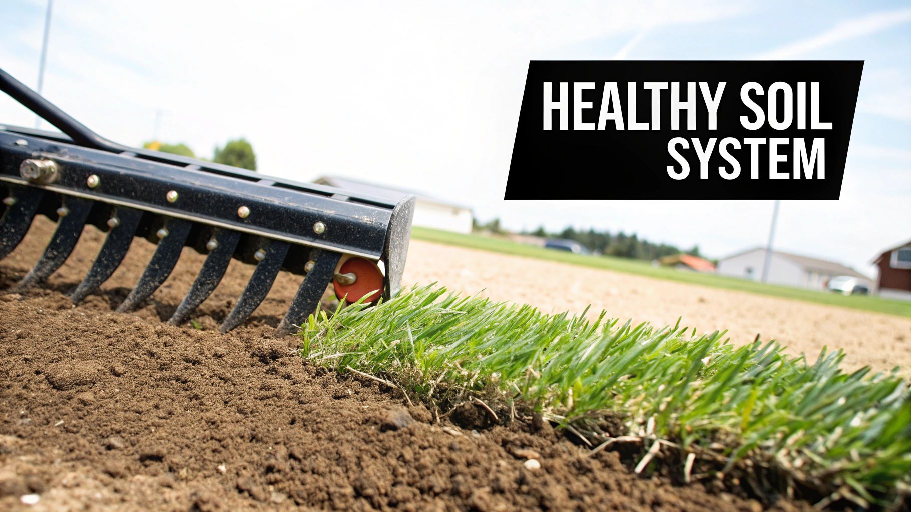 A landscaping rake is shown tilling healthy brown soil next to a strip of green grass.