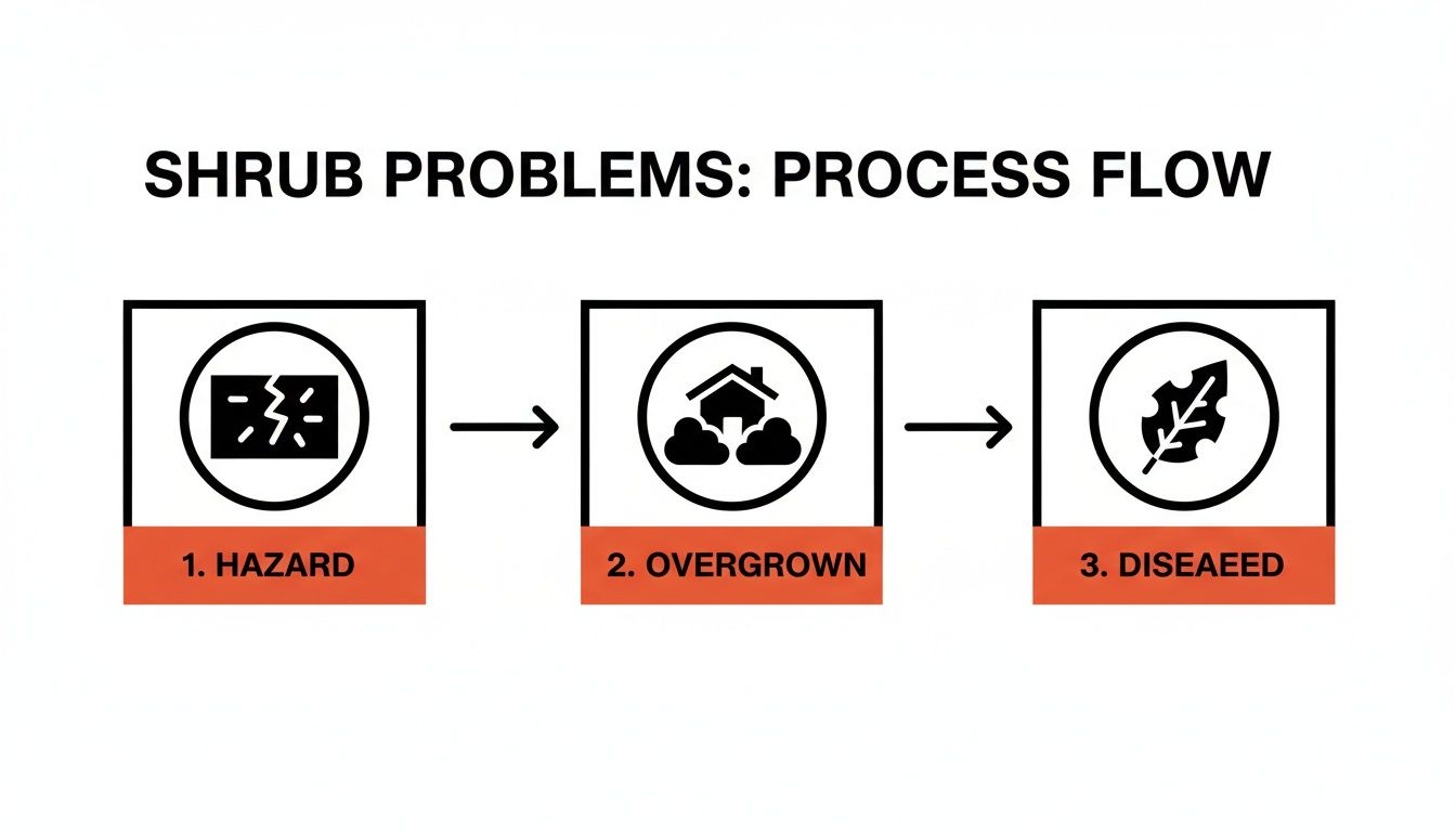 A three-step process flow illustrating shrub problems: hazard, overgrown, and diseased stages with icons.