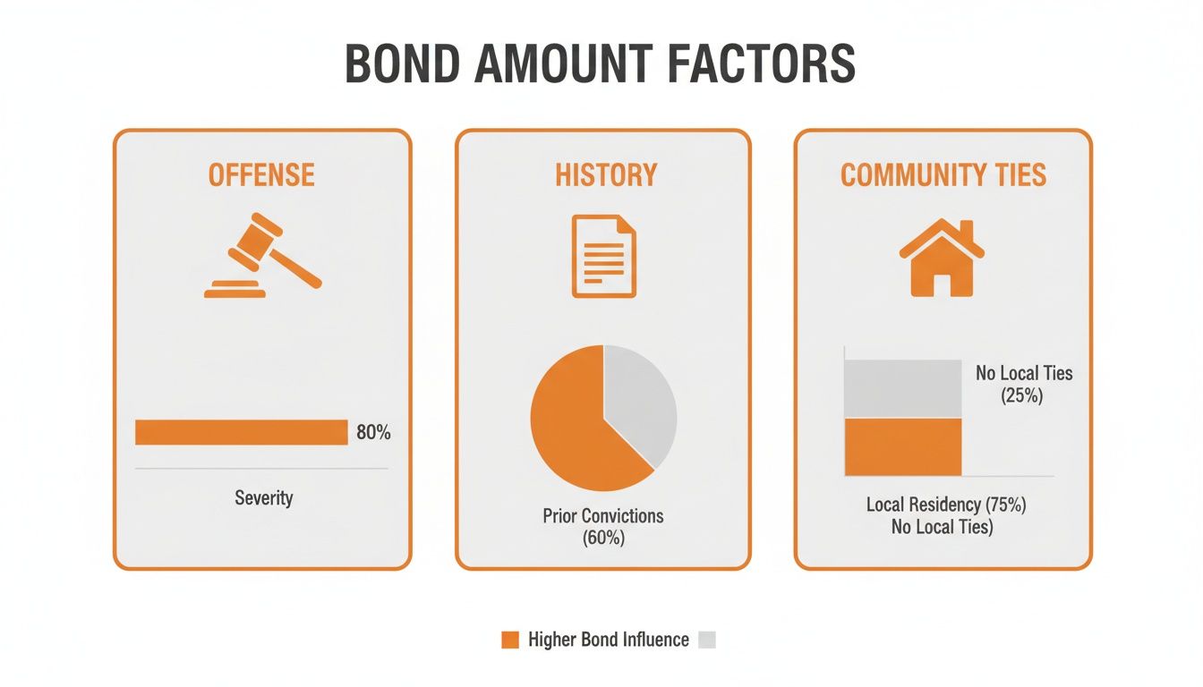 Infographic illustrating factors influencing bond amounts: offense severity, prior convictions, and community ties.