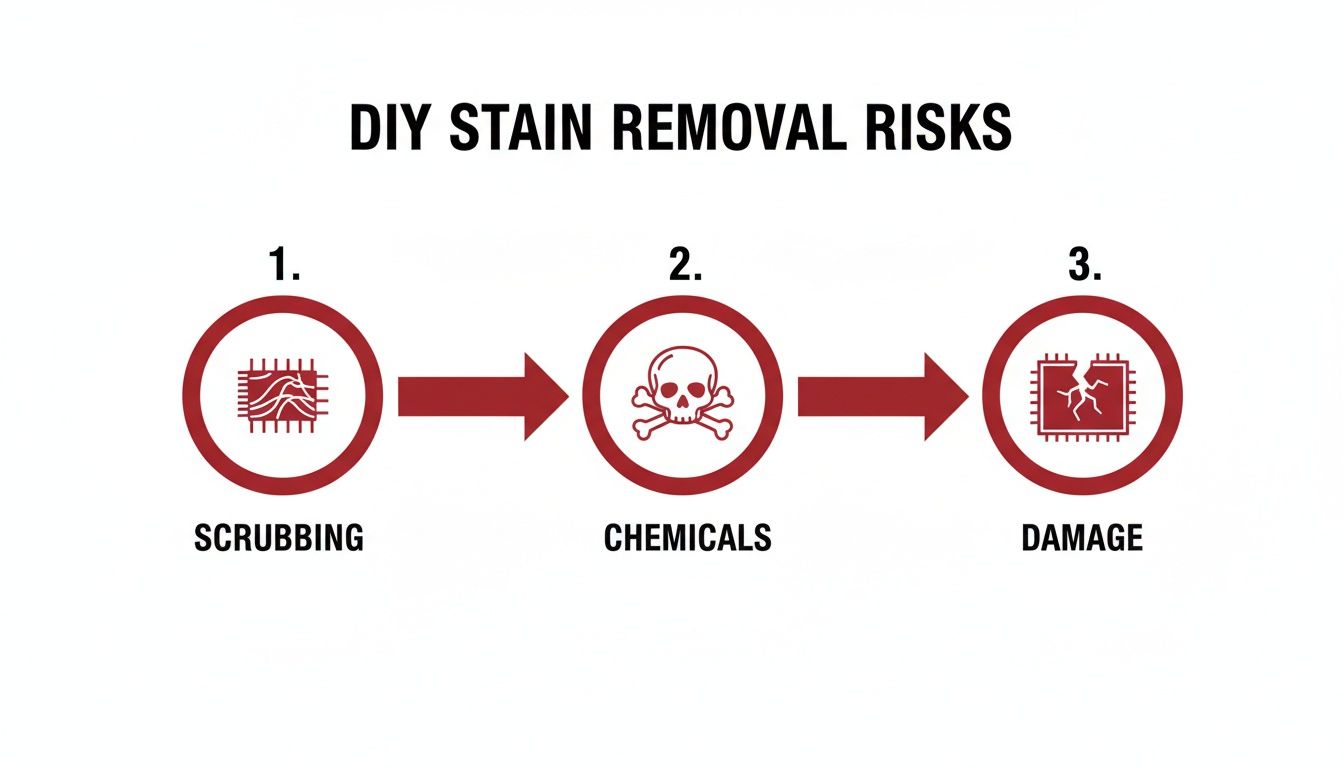 Infographic showing DIY stain removal risks: scrubbing, chemicals, and resulting fabric damage.