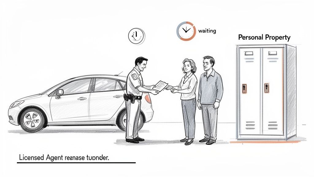 A licensed agent, appearing as a police officer, hands documents to a couple next to a car and personal property lockers.