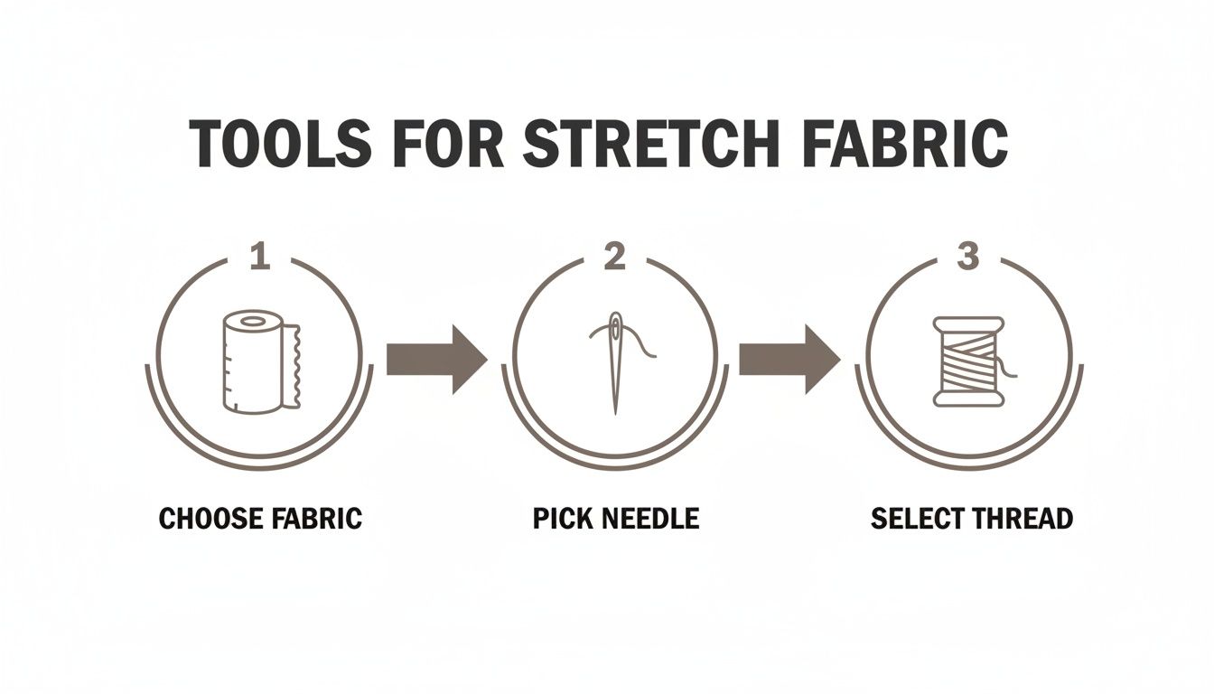 An infographic showing three steps for sewing stretch fabric: choose fabric, pick needle, select thread.