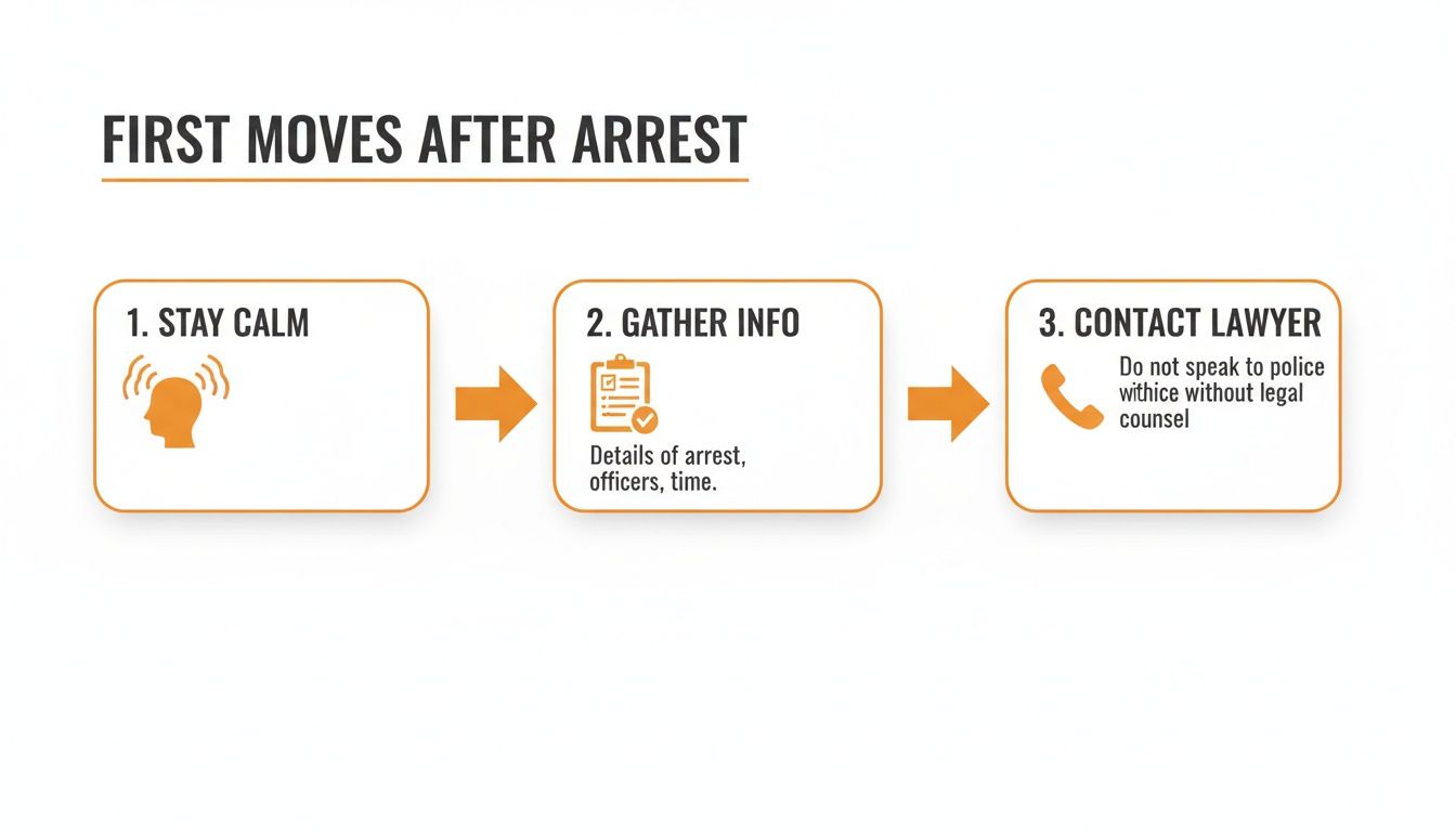 Infographic showing three crucial steps to take after an arrest: stay calm, gather information, and contact a lawyer.