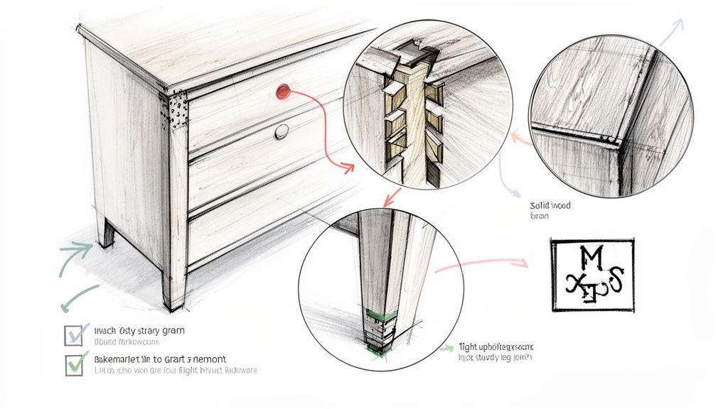 Detailed sketch of a wooden dresser, highlighting solid wood grain, dovetail joints, and sturdy leg construction.
