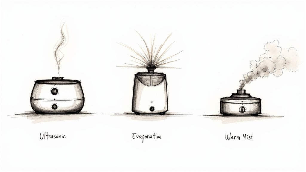 Three different types of home humidifiers on a clean background