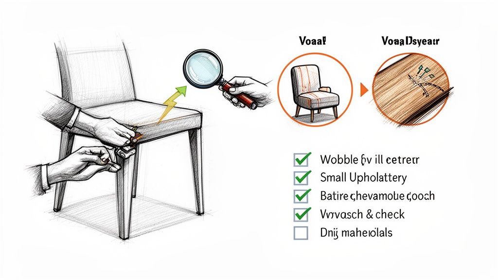 Detailed illustration of furniture inspection, showing hands checking a chair, magnifying glass, armchair, and a checklist.