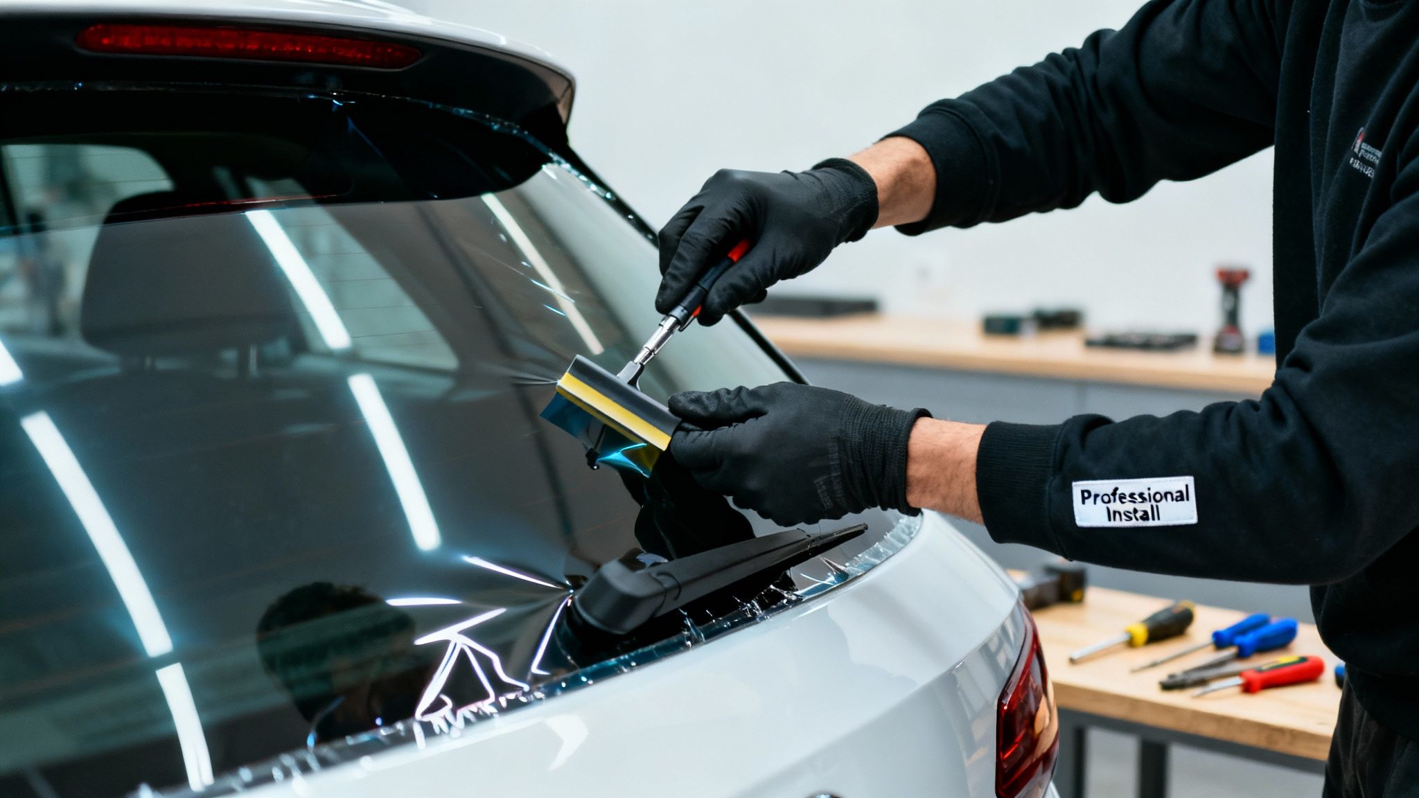 A professional technician in black gloves meticulously applies window tint film to the rear window of a white car.