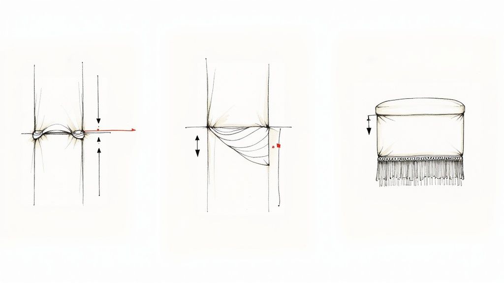 Diagrams illustrating fabric gathering, draping, and the final design of an upholstered item with fringe trim.