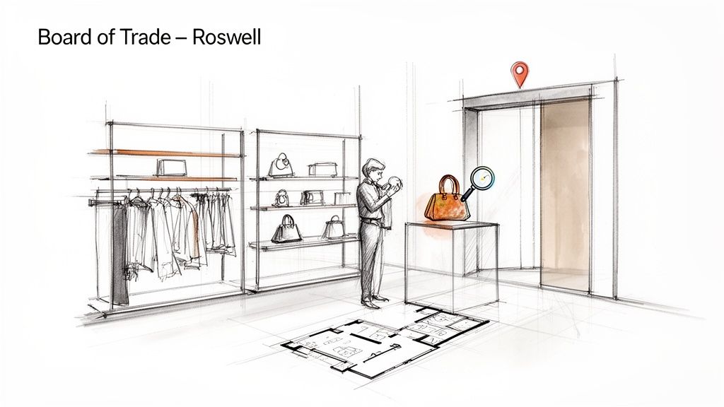 A sketch of a luxury retail store featuring clothing racks, handbags, a shopper, and a floor plan.