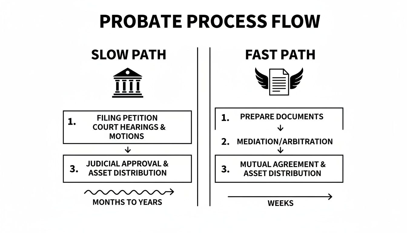 Probate process flow diagram showing court-based slow path and agreement-based fast path.