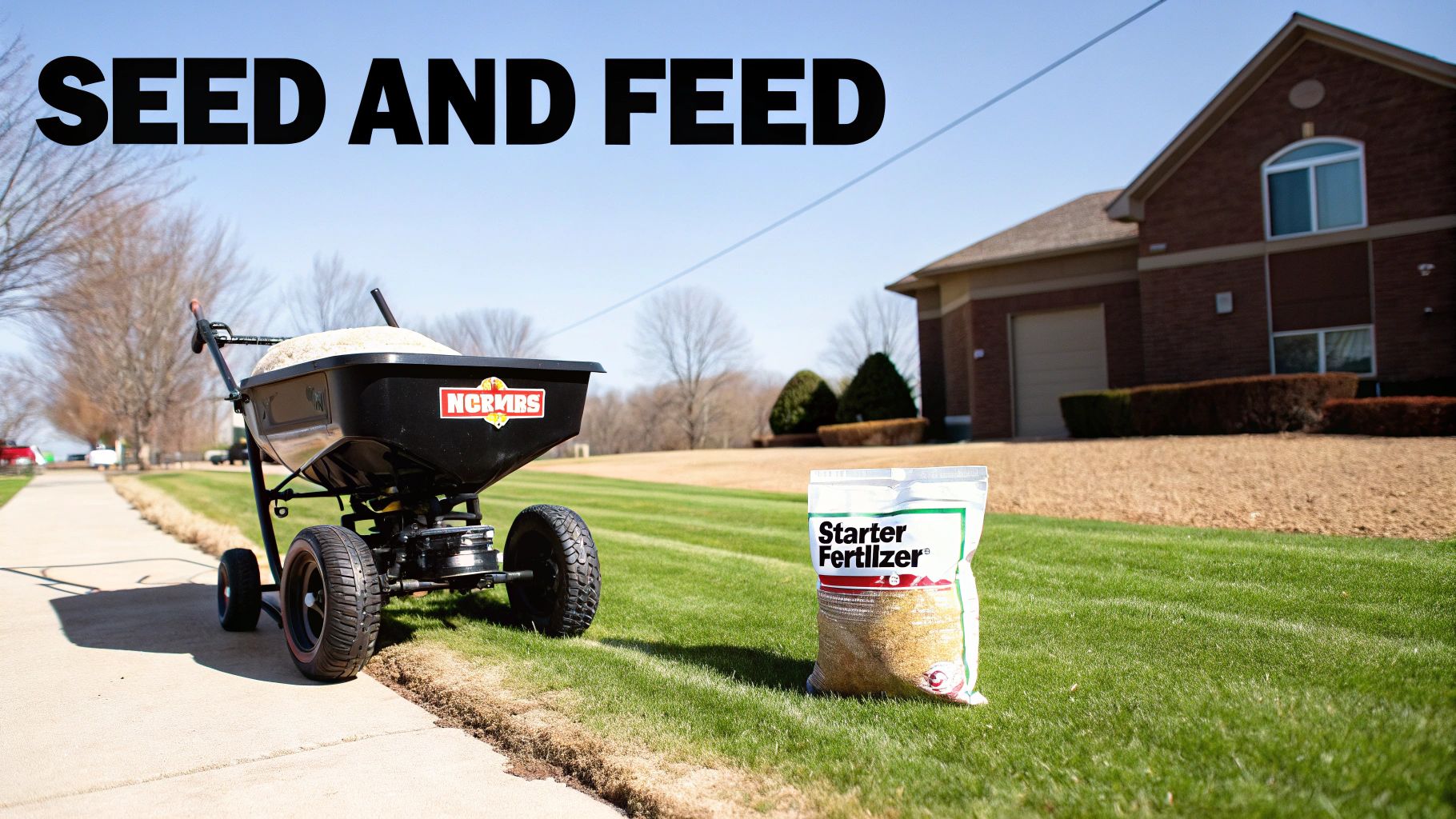 A push lawn spreader filled with grass seed and a bag of starter fertilizer on a sunny lawn, ready for seeding.