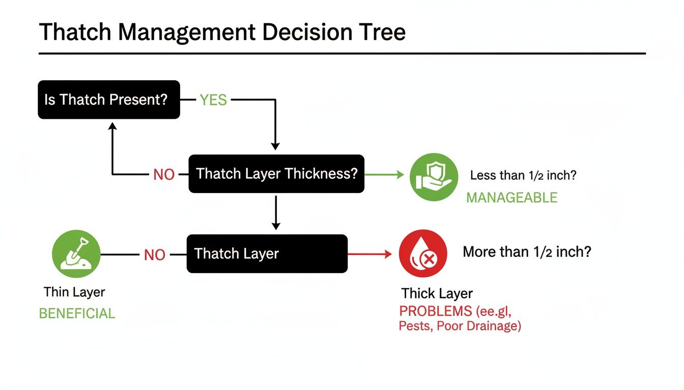 A thatch management decision tree flowchart guiding actions based on thatch presence and thickness.