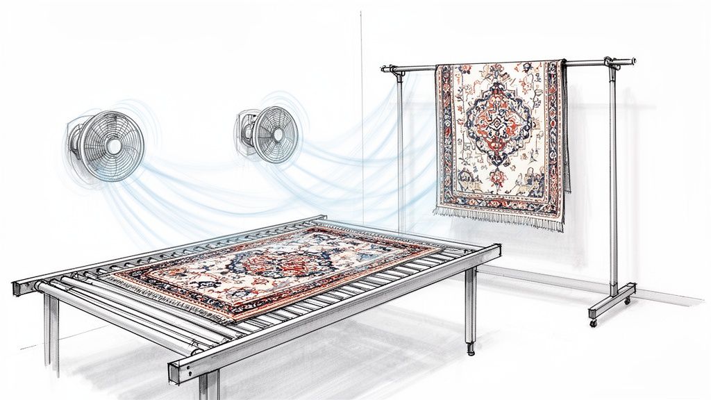 Illustration of oriental rugs being air-dried using wall-mounted fans and professional drying racks.