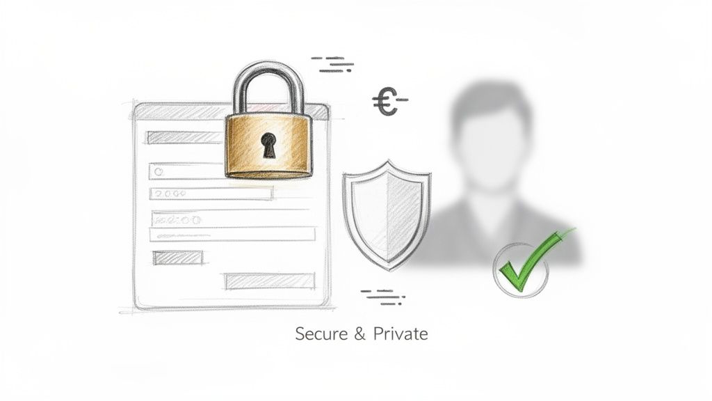Sketch of padlock, shield, and checkmark symbolizing secure and private online transactions.