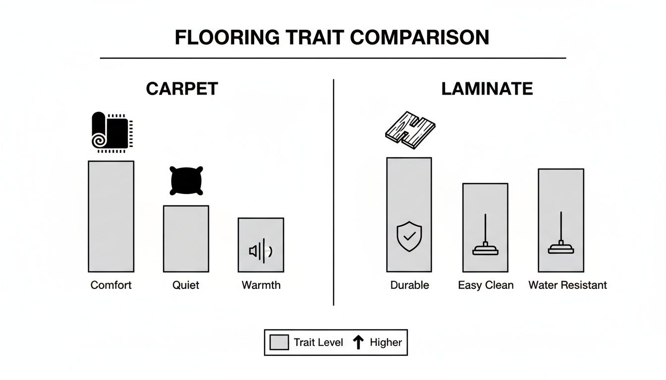 Infographic comparing carpet and laminate flooring traits like comfort, quietness, warmth, durability, and water resistance.