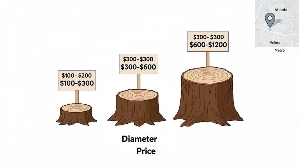 Illustration of three tree stumps of increasing size with associated price ranges.