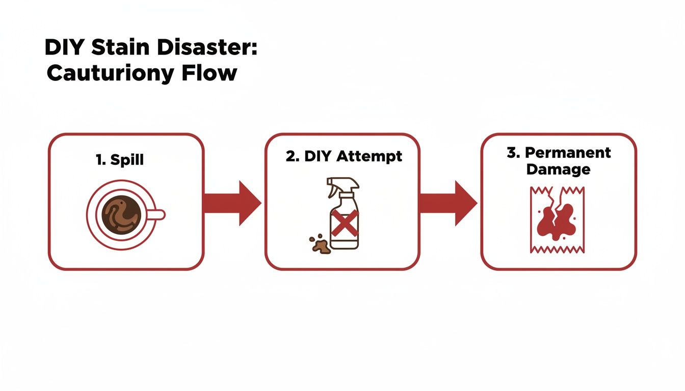 Flowchart showing coffee spill, failed DIY cleaning attempt, leading to permanent stain damage.