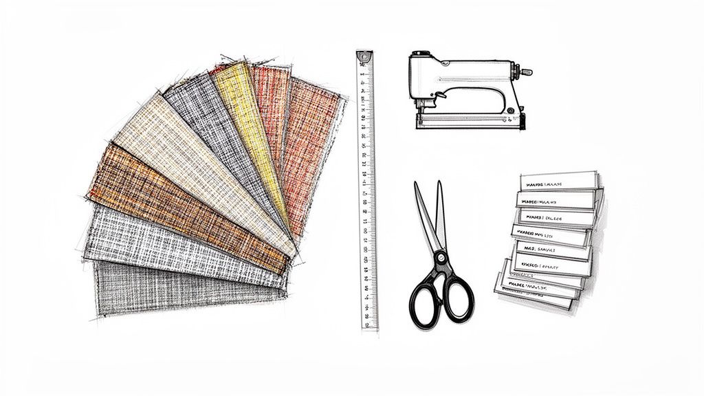 A collection of upholstery tools and fabric swatches, including a staple gun, scissors, measuring tape, and various fabric samples.