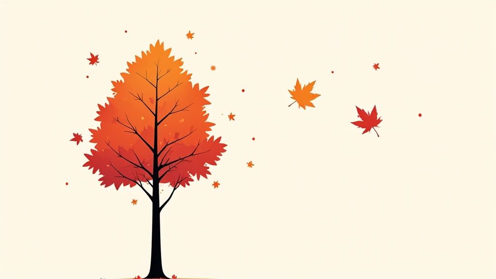 Stylized autumn tree with vibrant orange and red leaves falling against a light background.
