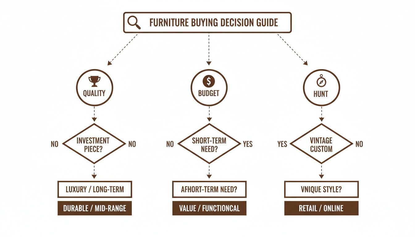 A flowchart titled 'Furniture Buying Decision Guide' helps decide based on quality, budget, or hunt.