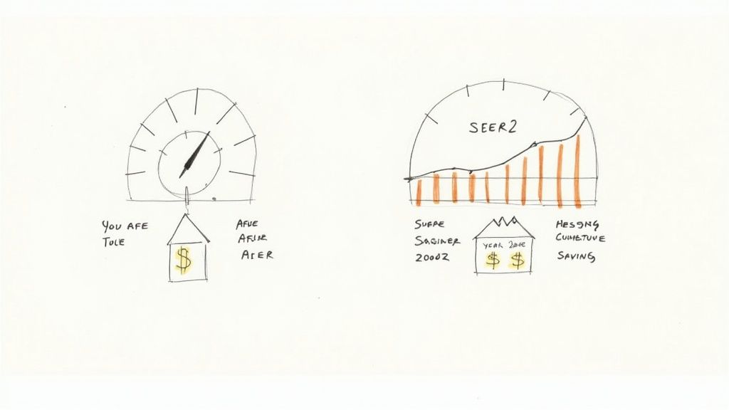 A hand adjusting a modern thermostat, with an energy efficiency graph overlayed.