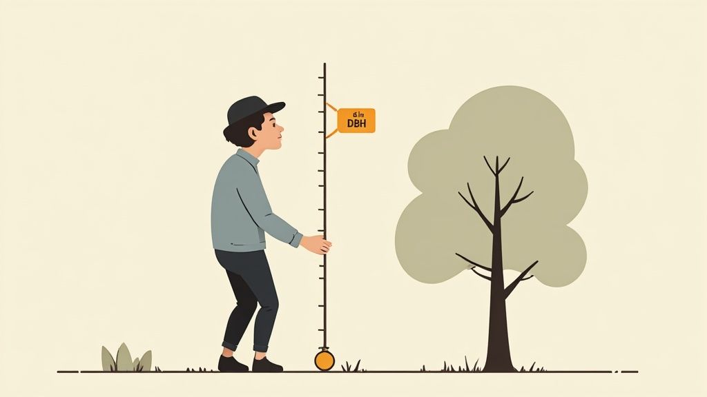 A large, mature tree in an Atlanta neighborhood with a measuring tape wrapped around its trunk to show how to measure DBH for a permit application.