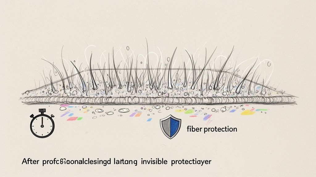 A cross-section of carpet fibers demonstrating an invisible protective layer and fiber protection with icons.