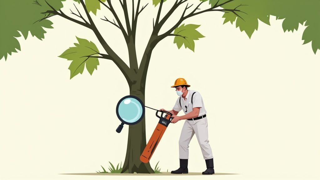 A worker in a hard hat and mask inspects a tree trunk with a chainsaw and magnifying glass.